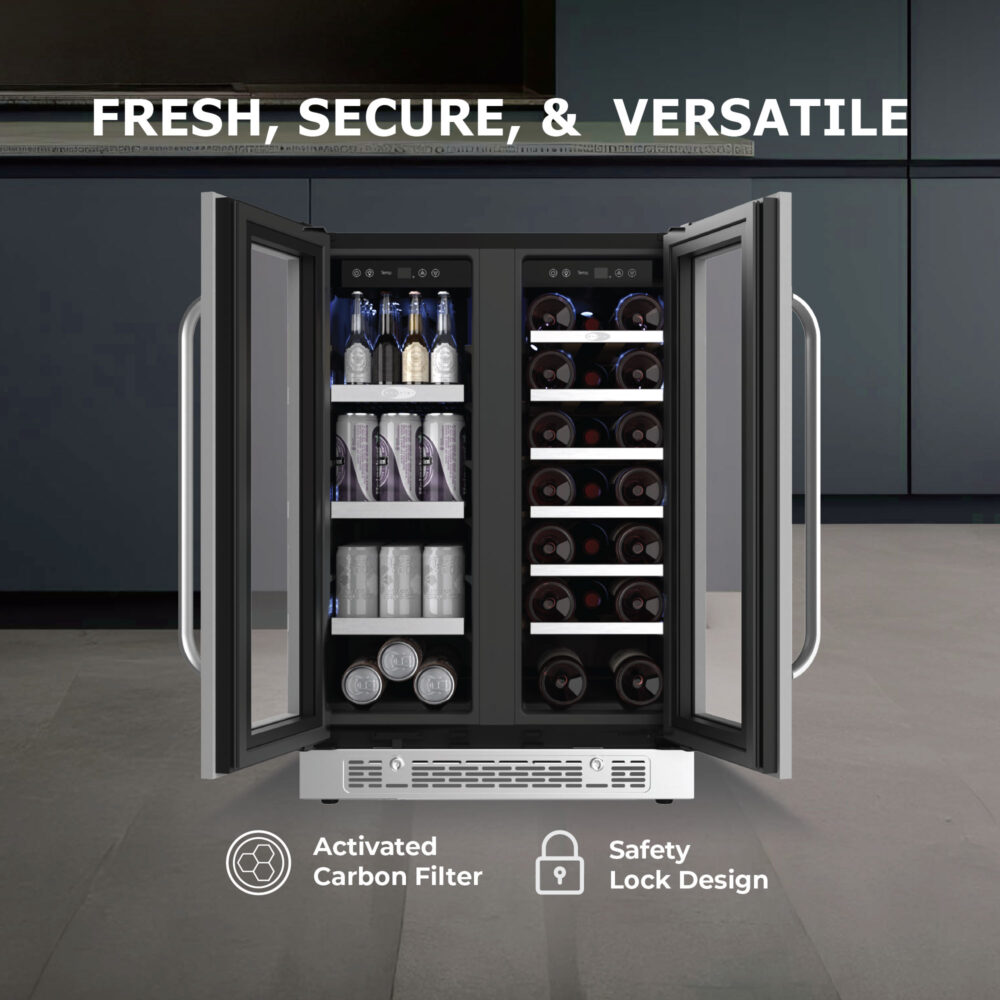 French-door cooler with both glass doors open, showcasing the beverage and wine compartments along with feature icons for "Activated Carbon Filter" and "Safety Lock Design