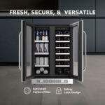 French-door cooler with both glass doors open, showcasing the beverage and wine compartments along with feature icons for "Activated Carbon Filter" and "Safety Lock Design