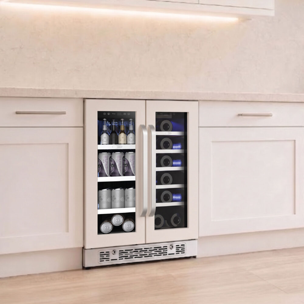 Dual-zone beverage center with matching white front panels and stainless steel handles seamlessly built into traditional white kitchen cabinetry.