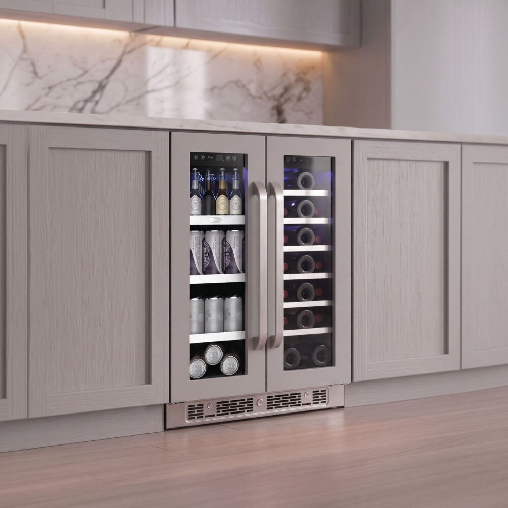 Straight-on shot of the dual-zone beverage and wine cooler fitted flush beneath gray shaker kitchen cabinets.