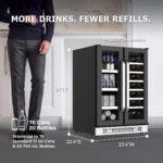 (Size and Capacity): Perspective diagram showing product dimensions of 34 inches high, 23.4 inches wide, and 22.4 inches deep, highlighting a total storage capacity of 76 standard 12 oz cans and 20 wine bottles (750 mL).