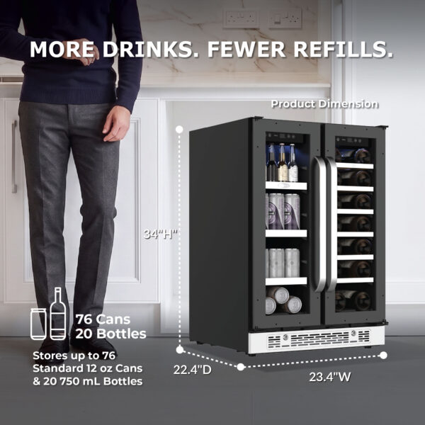 (Size and Capacity): Perspective diagram showing product dimensions of 34 inches high, 23.4 inches wide, and 22.4 inches deep, highlighting a total storage capacity of 76 standard 12 oz cans and 20 wine bottles (750 mL).