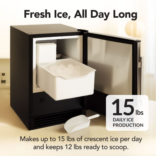 Whynter UIM-158BK ice maker with door open showing a bin of crescent ice, makes 15 lbs of ice per day with 12 lbs storage capacity