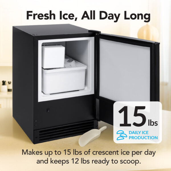 Whynter UIM-158BK ice maker with door open showing a bin of crescent ice, makes 15 lbs of ice per day with 12 lbs storage capacity
