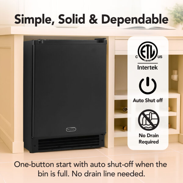 Whynter UIM-158BK black ice maker installed under a counter, ETL listed, with auto shut-off and no drain required