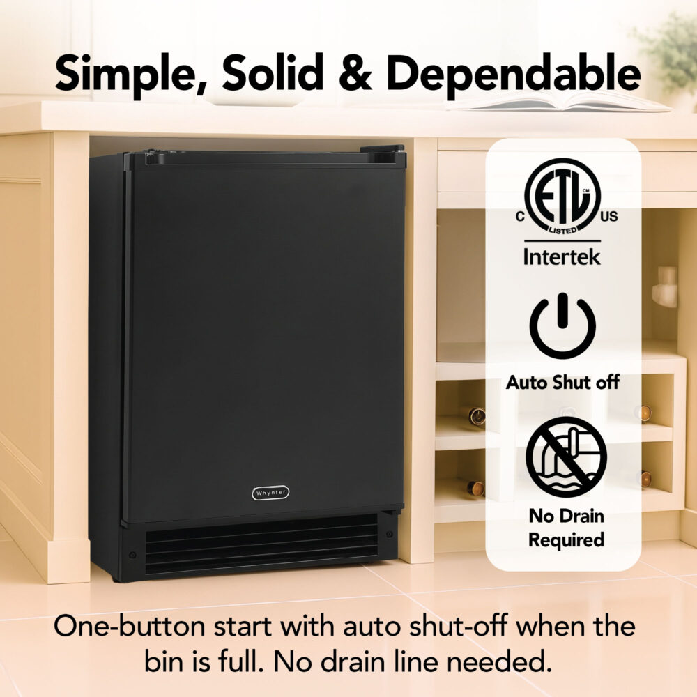Whynter UIM-158BK black ice maker installed under a counter, ETL listed, with auto shut-off and no drain required