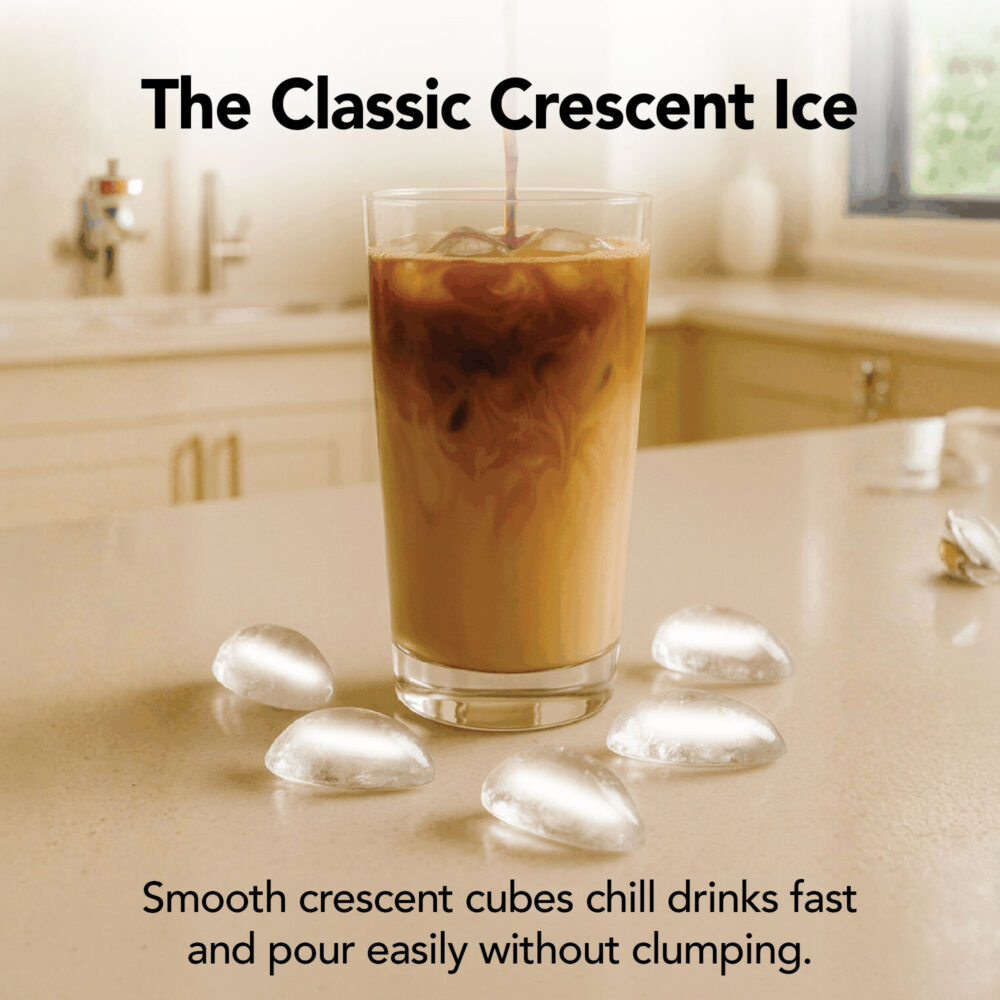 Iced coffee in a tall glass surrounded by crescent-shaped ice cubes made by the Whynter UIM-158BK ice maker