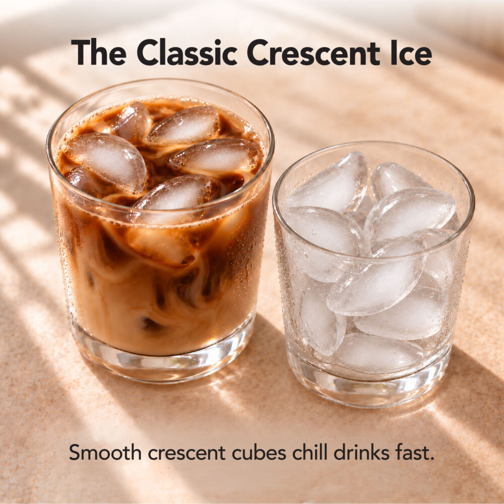 Iced coffee in a tall glass surrounded by crescent-shaped ice cubes made by the Whynter UIM-158-BK ice maker
