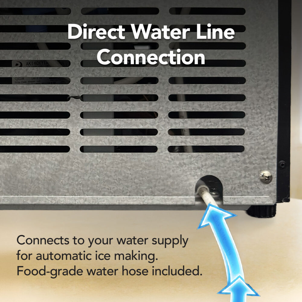 Rear view of the Whynter UIM-158-BK ice maker showing the direct water line connection with included food-grade hose