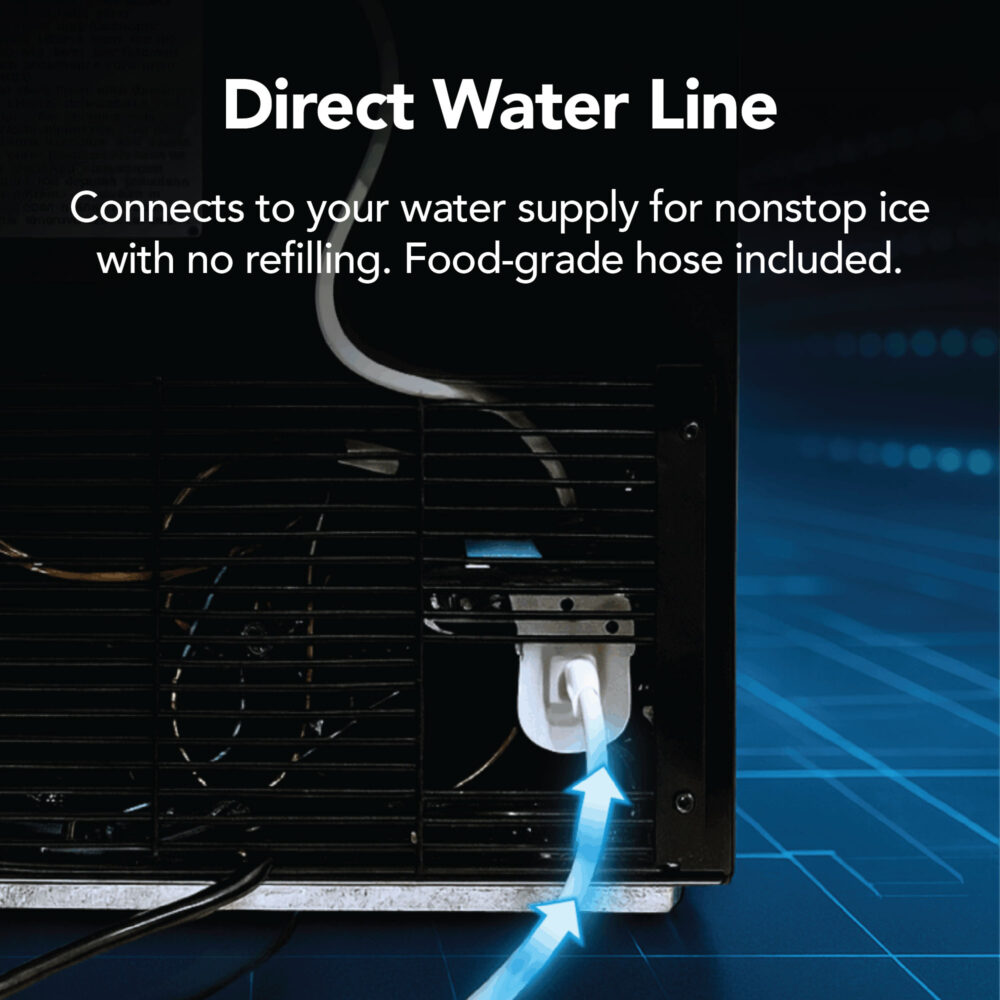 Rear view of the Whynter UIM-158BK ice maker showing the direct water line connection with included food-grade hose