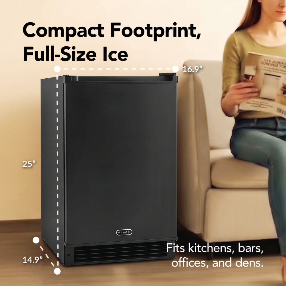 Whynter UIM-158BK compact ice maker next to an armchair, measuring 16.9 inches wide, 14.9 inches deep, and 25 inches high