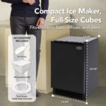 Whynter UIM-158-BK compact ice maker with product dimensions and included accessories