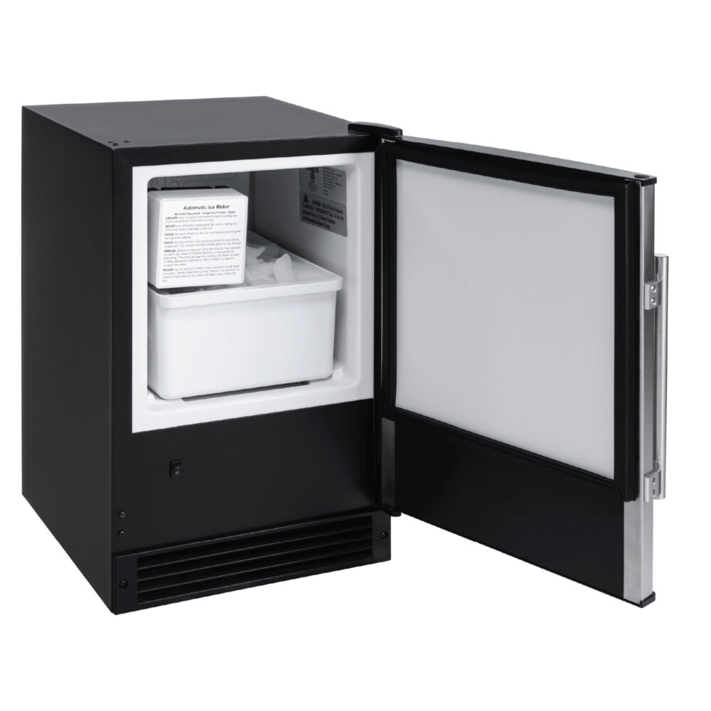 Whynter UIM-158BK automatic ice maker with crescent ice door open with ice