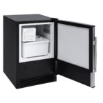 Whynter UIM-158BK automatic ice maker with crescent ice door open with ice