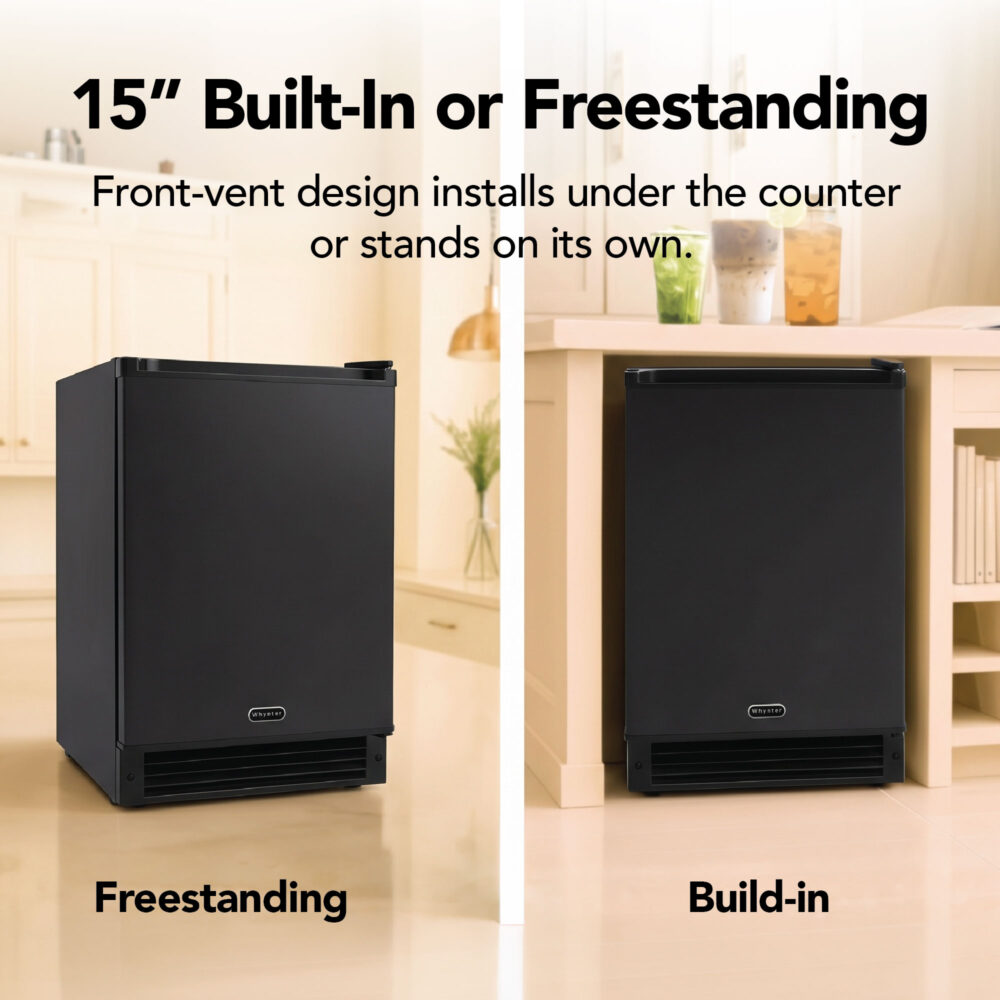 Side-by-side view of the Whynter UIM-158BK ice maker as a freestanding unit in a kitchen and built in under a counter