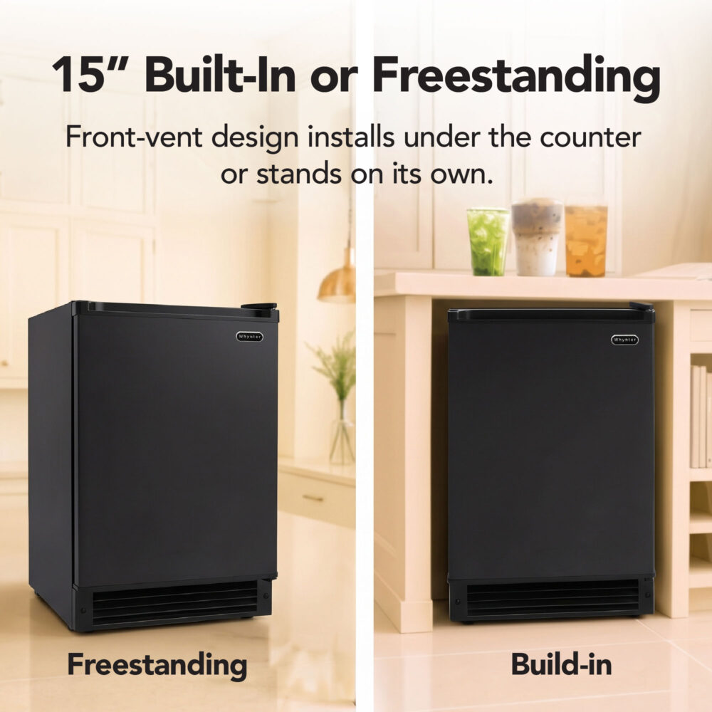 Whynter UIM-158-BK black ice maker installed under a counter or used freestanding