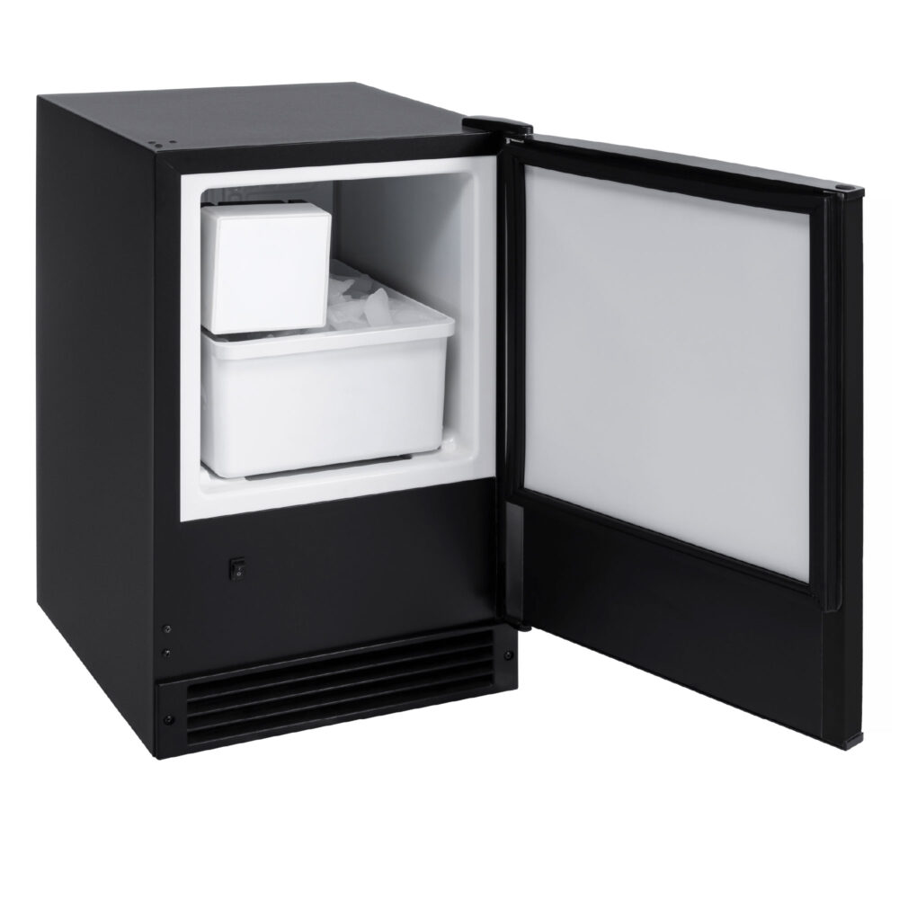 Whynter UIM-158-BK ice maker with door open, showing the removable ice bucket and crescent ice