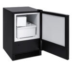Whynter UIM-158-BK ice maker with door open, showing the removable ice bucket and crescent ice