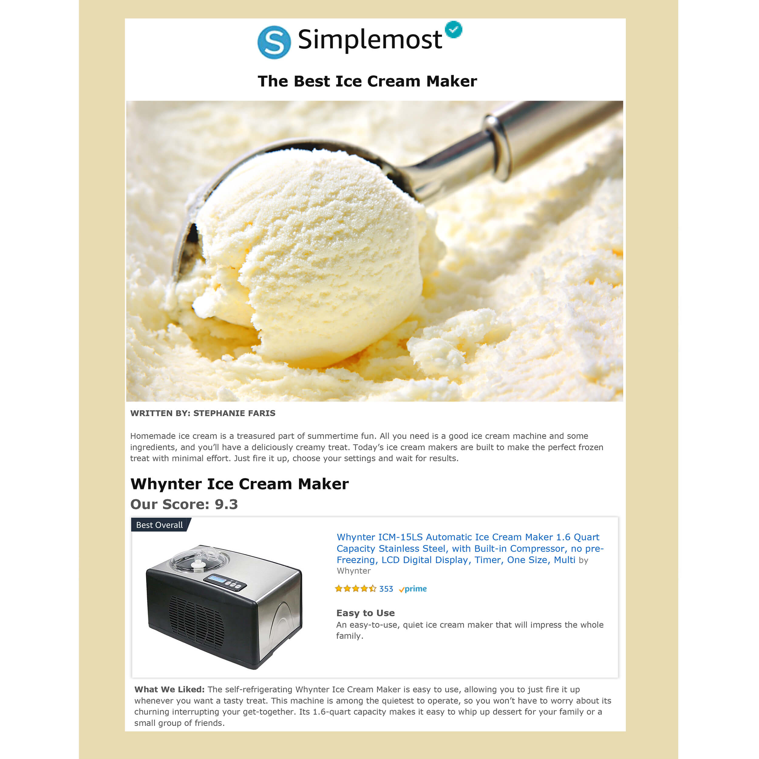 Whynter 1.28 Quart White Upright Automatic Ice Cream Maker