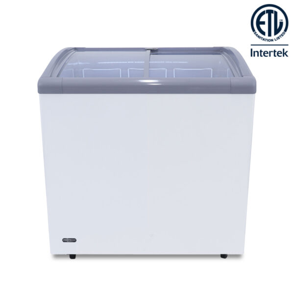PROTECH DSF-401WG Commercial 4.0 Cu.ft. Frozen Goods Showcase Freezer with top sliding display door, interior LED lighting and mobility wheels